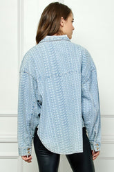 Veveret Relaxed Fit Button-Up Denim Top with Dropped Shoulders
